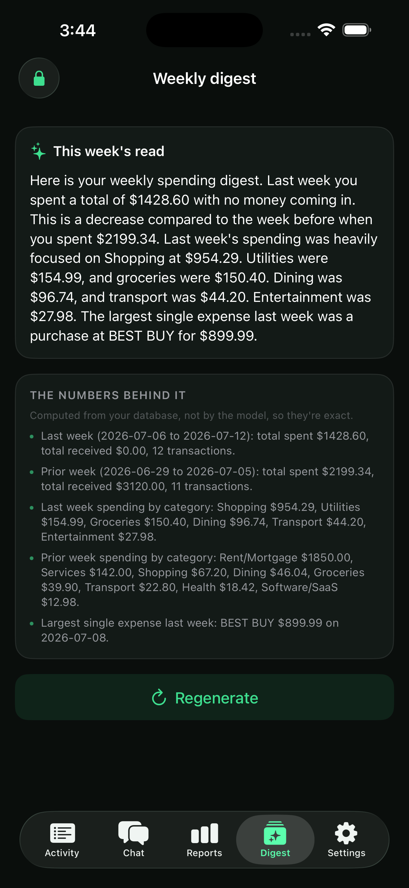 Steward weekly digest with exact numbers computed from the local database